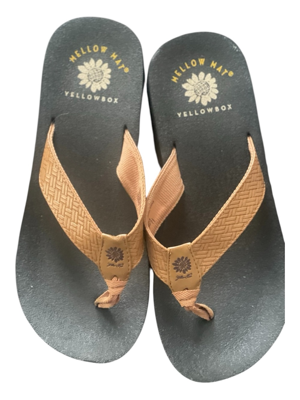 Yellow Box Black Platform Sandals with Tan Woven Straps
